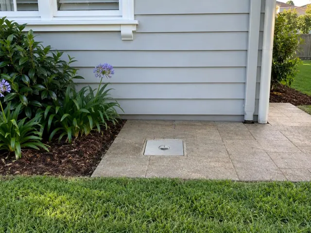 Capped access cover in paved area beside a grey weatherboard wall in Bexley