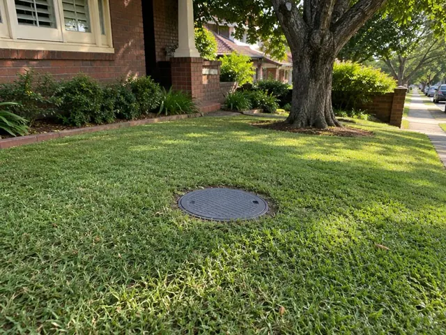 Round flush sewer inspection cover in a green front lawn beside a brick house in Kogarah